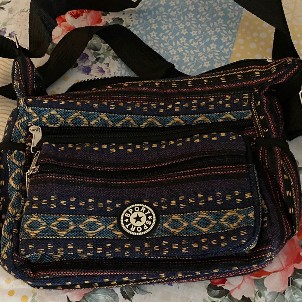 Woven Navy Multicolor Crossbody Bag with Front Zip Pocket